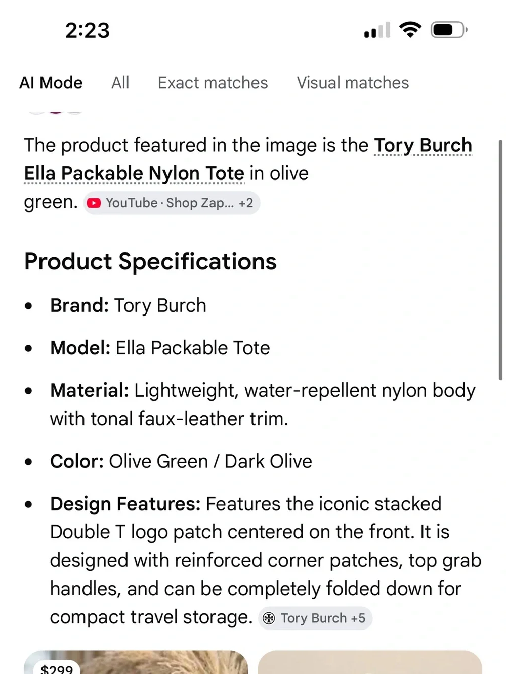 Tory Burch Ella Nylon Packable Tote Olive